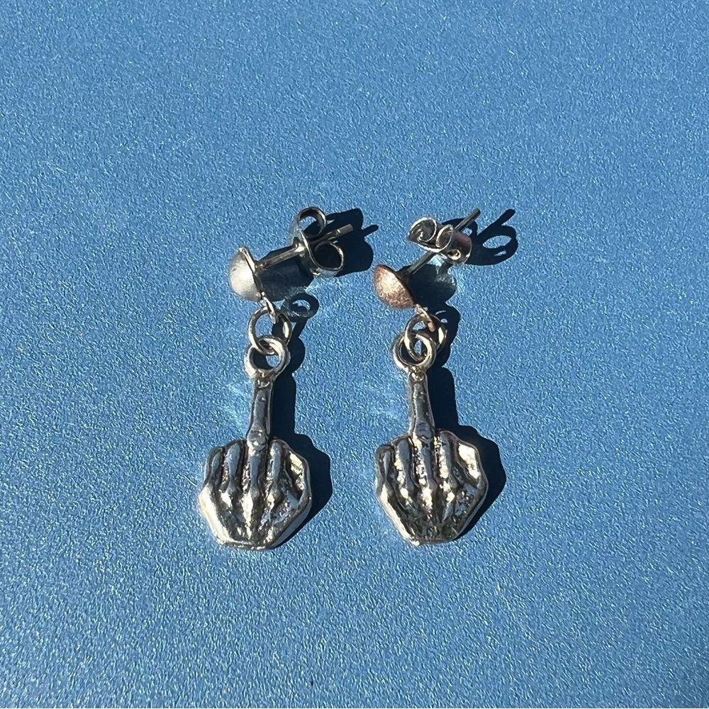 Vintage skeleton hand earrings! Silver toned dangly post back from 80s. Punk!